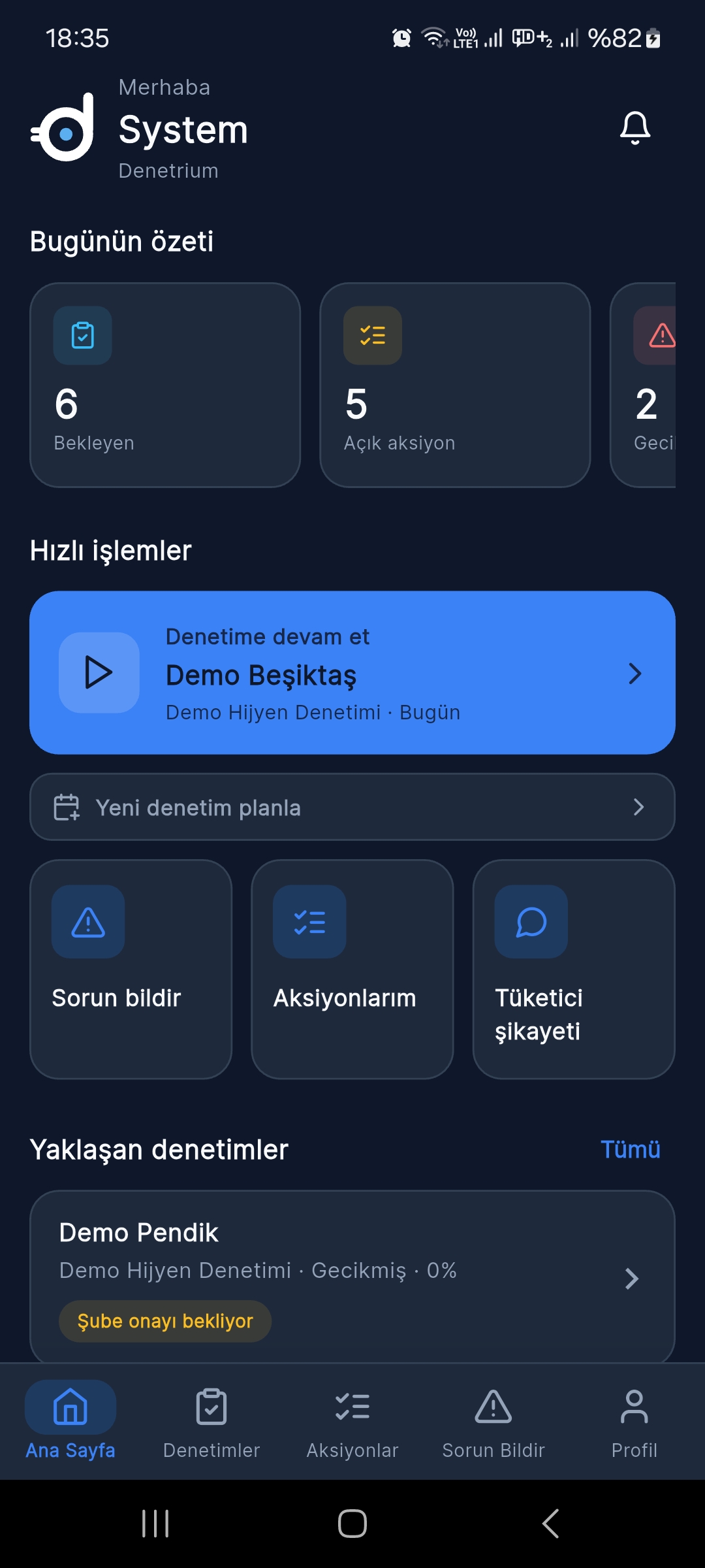 Denetrium mobile app — Daily overview screen, Turkish interface